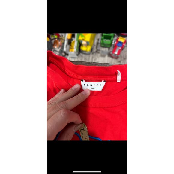 Sandro Crew Neck Short Sleeve Embroidery World Lovers Graphic T-Shirt Red Small - Picture 9 of 10